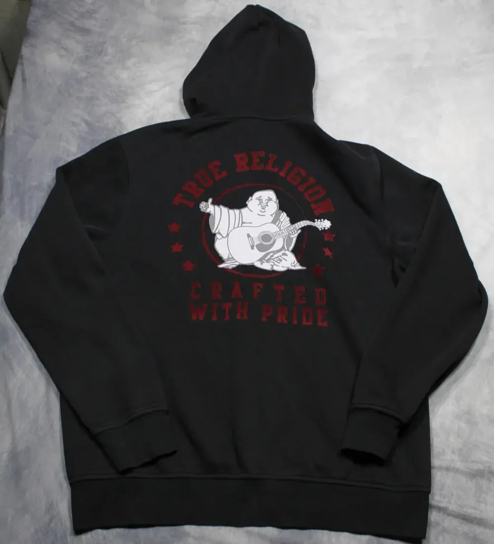 True Religion Hoodie Mens XL Black Full Zip Fleece Sweatshirt Buddha Graphic